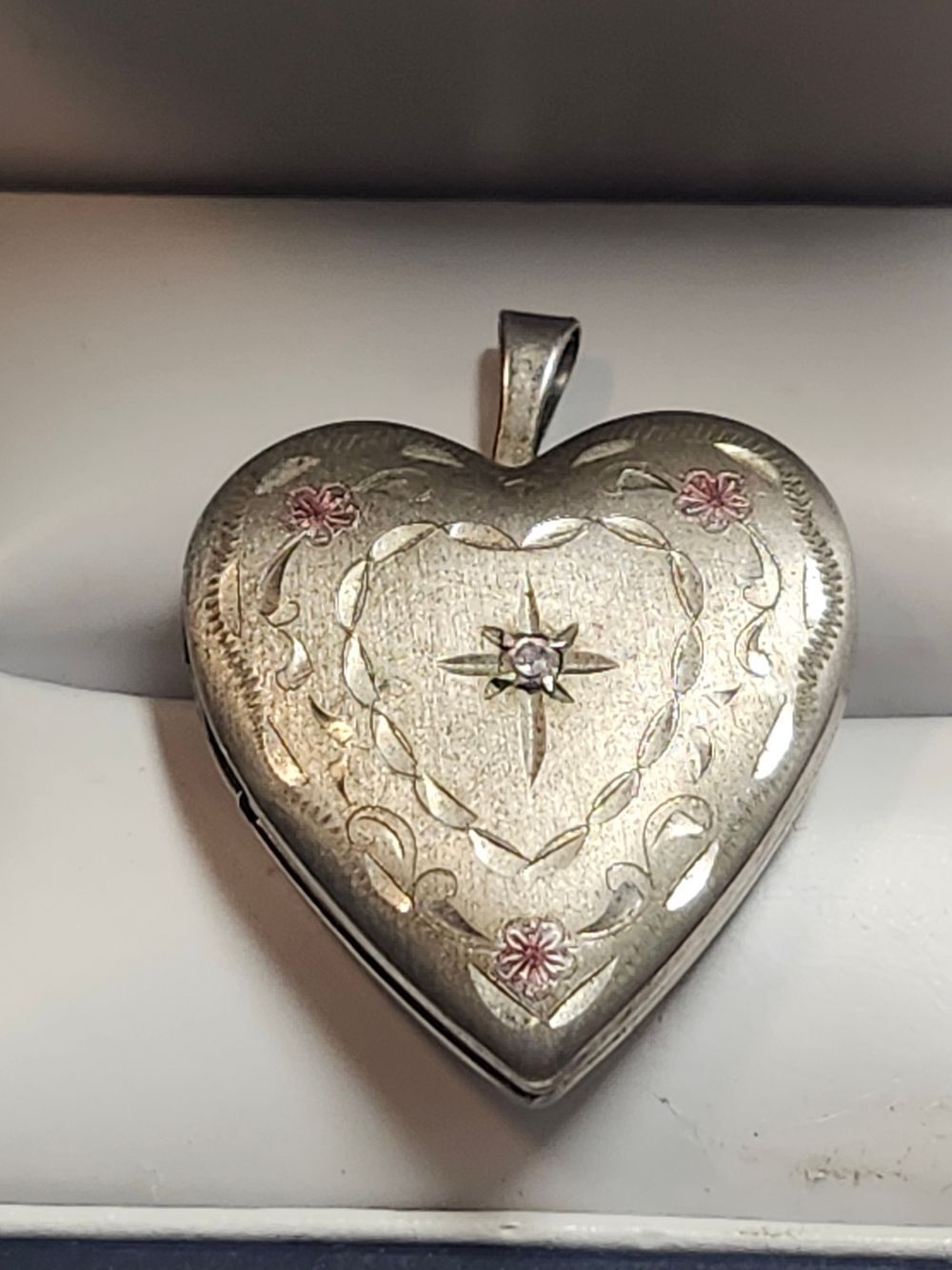 Sterling Silver Heart Locket Pendant with Pink Accents